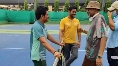 Sachin-Dhoni on the tennis court for an ad shoot